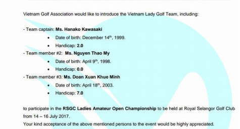 Vietnam Lady Golf Team to join in RSGC Ladies Amateur Open 2017