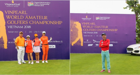 Cựu danh thủ Nguyễn Hồng Sơn so gậy cùng vợ chồng nhạc sĩ Minh Khang tại Vinpearl Golf Nam Hội An