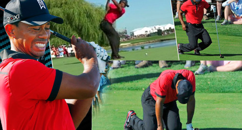 Tiger Woods khuỵu gối đau đớn ngay sau khi hoàn thành cú đánh