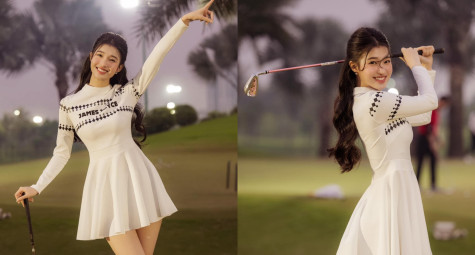Viral loạt ảnh Á hậu Phương Nhi chuẩn “dâu hào môn” trên sân golf