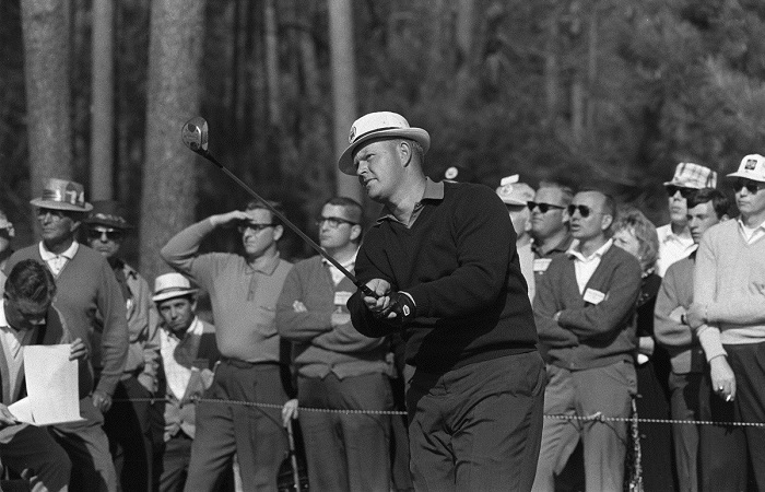 Jack Nicklaus, who was the youngest player to win the Masters golf tournament at 23 in 1963, gets off a practice shot at Augusta National Golf Club, April 6, 1966. (AP Photo) ORG XMIT: AGM3