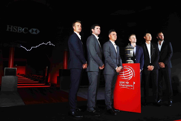 pose on stage for a photocall prior to the start of the WGC - HSBC Champions at the Himalayas Centre on October 25, 2016 in Shanghai, China.