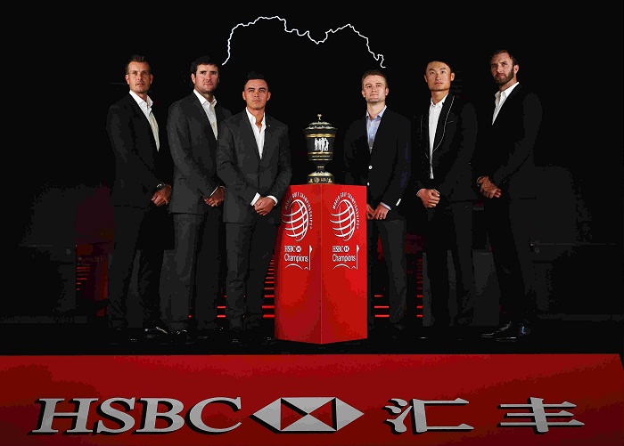 pose on stage for a photocall prior to the start of the WGC - HSBC Champions at the Himalayas Centre on October 25, 2016 in Shanghai, China.