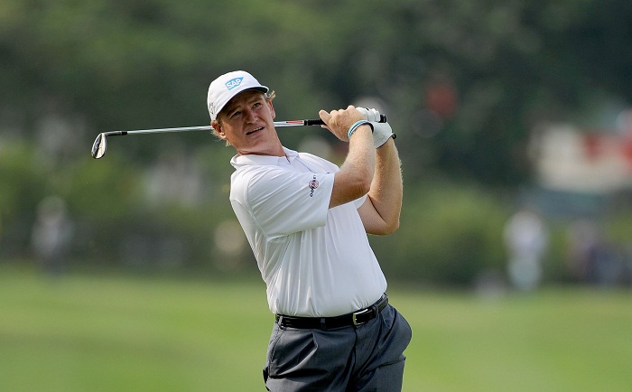 JAKARTA, INDONESIA - MAY 03: Ernie Els of South Africa plays a shot during round two of the Indonesian Masters at Royale Jakarta Golf Club on May 3, 2013 in Jakarta, Indonesia. (Photo by Khalid Redza/Asian Tour/Asian Tour via Getty Images)