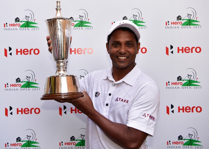 NEW DELHI, INDIA - MARCH 12: S.S.P Chawrasia of India holds the winners trophy after final round of the Hero Indian Open at Dlf Golf and Country Club on March 12, 2017 in New Delhi, India. (Photo by Stuart Franklin/Getty Images)