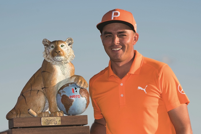 December 3, 2017; New Providence, The Bahamas; Rickie Fowler poses with the trophy after the final round of the Hero World Challenge golf tournament at Albany. Mandatory Credit: Kyle Terada-USA TODAY Sports