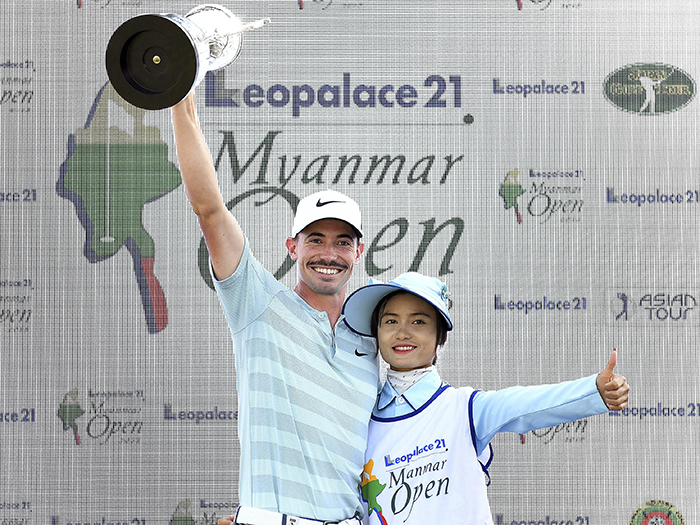 YANGON-MYANMAR- Paul Peterson of the USA pictured with the winner’s trophy after round four - Sundday January 28, 2018, of the Leopalace21 Myanmar Open at the Pun Hlaing Golf Club, Yangon, Myanmar. The USD$ 750.000 Asian Tour event is co-sanctioned with the Japan Golf Tour - January 25-28, 2018. Picture by Paul Lakatos/Asian Tour.