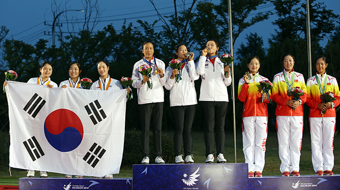 Thái Lan giành huy chương vàng đồng đội Nữ tại Asiad 17, Hàn Quốc huy chương bạc, huy chương đồng thuộc về Trung Quốc. Ảnh: korea.net
