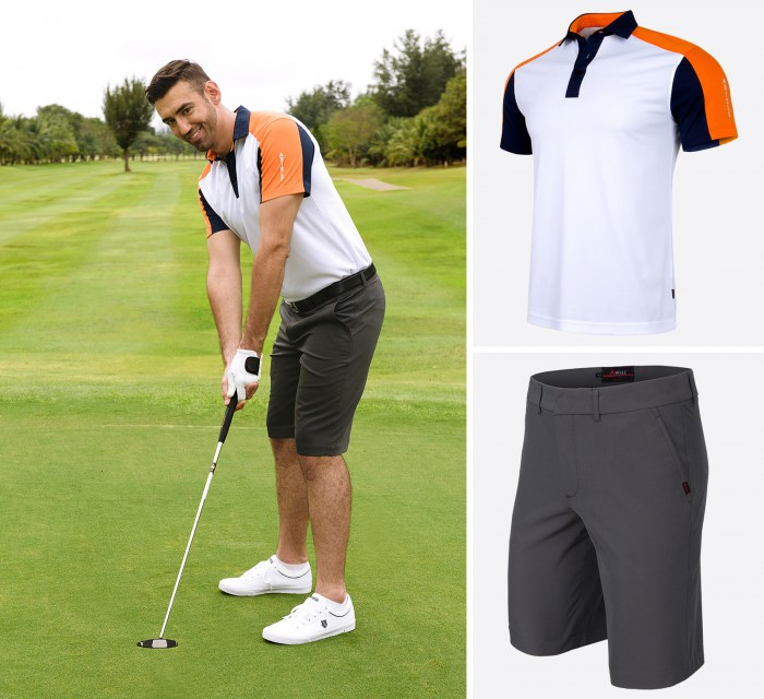 Màu trắng phối hợp với cam và xanh đậm tạo nên sự trẻ trung, năng động trên sân golf