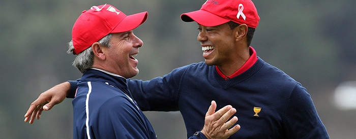 Tiger Woods và Fred Couples đã đồng hành với nhau nhiều lần tại Presidents Cup. Ảnh: internet