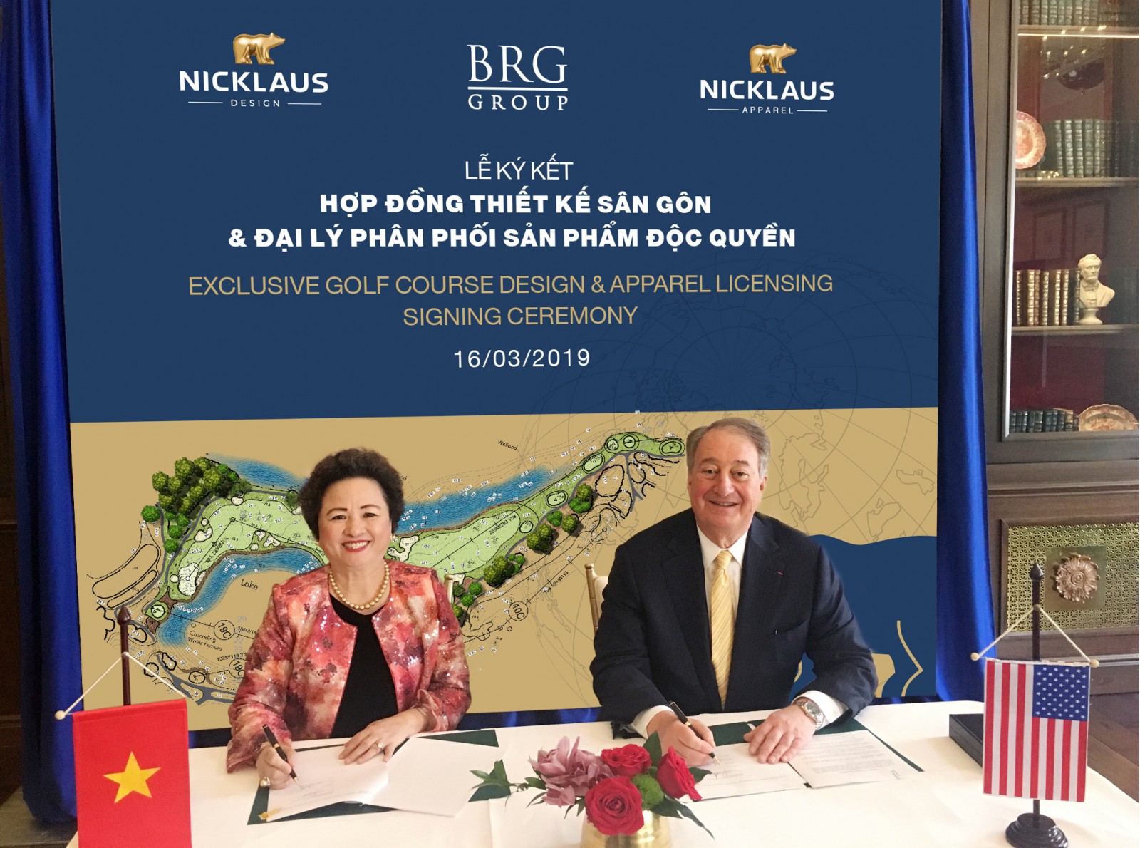 Madame Nguyễn Thị Nga, Chủ tịch Tập đoàn BRG và Ông Howard Milstein, Chủ tịch Điều hành The Nicklaus Companies tại Lễ ký kết hợp đồng thiết kế sân golf và đại lý phân phối sản phẩm độc quyền
