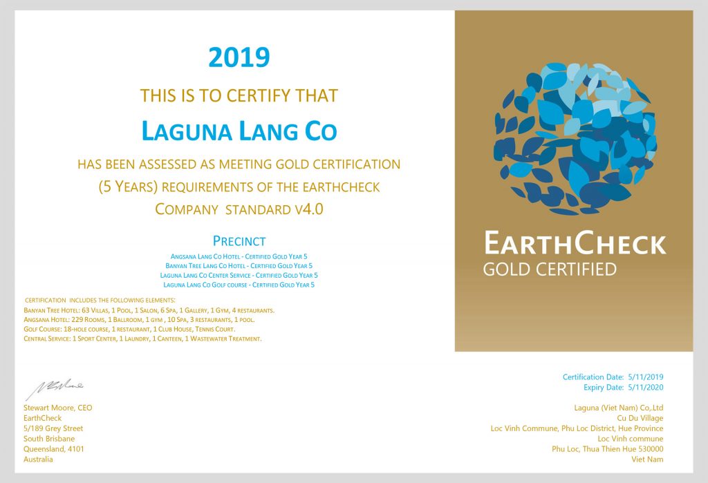 Laguna Lăng Cô nhận Chứng nhận Vàng EarthCheck 2019 sau nhiều năm nỗ lực (Ảnh: Laguna Lăng Cô)