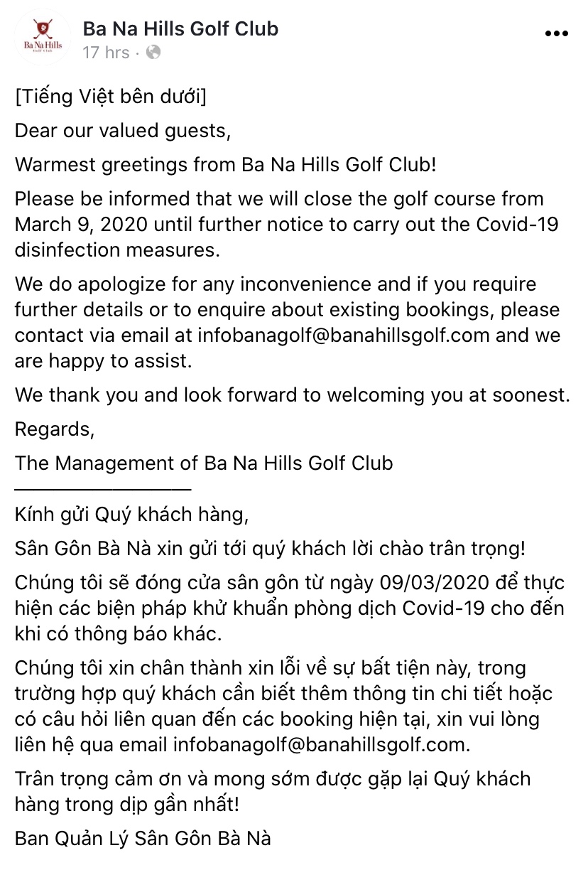 Thông báo chính thức trên fanpage của Sân Golf Bà Nà.