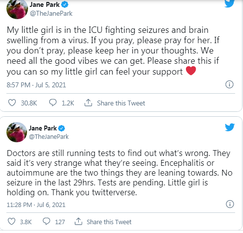 Jane Park chia sẻ tình hình con gái trên Twitter
